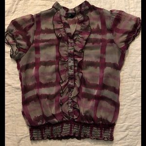 IZ plaid cranberry/grayish ruffles short sleeve